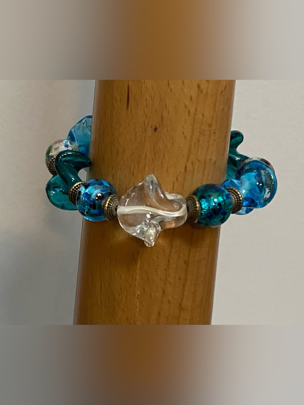 #12 Lampwork  & patterned blue glass bead bracelet